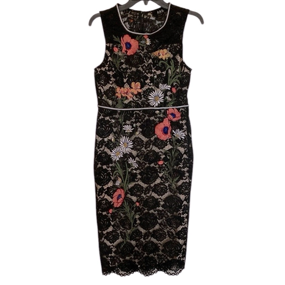 ABS Collection Floral lace embroidery dress, black w/cream lining under lace, 8